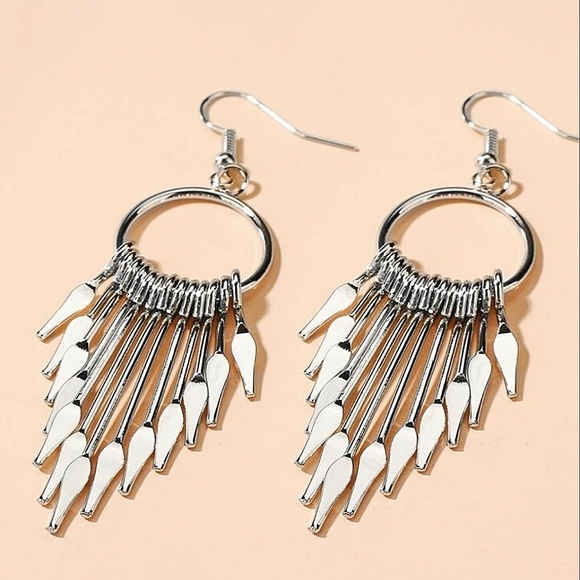 Silver Arrow Tassel Dangle Earrings - Picture 2 of 3